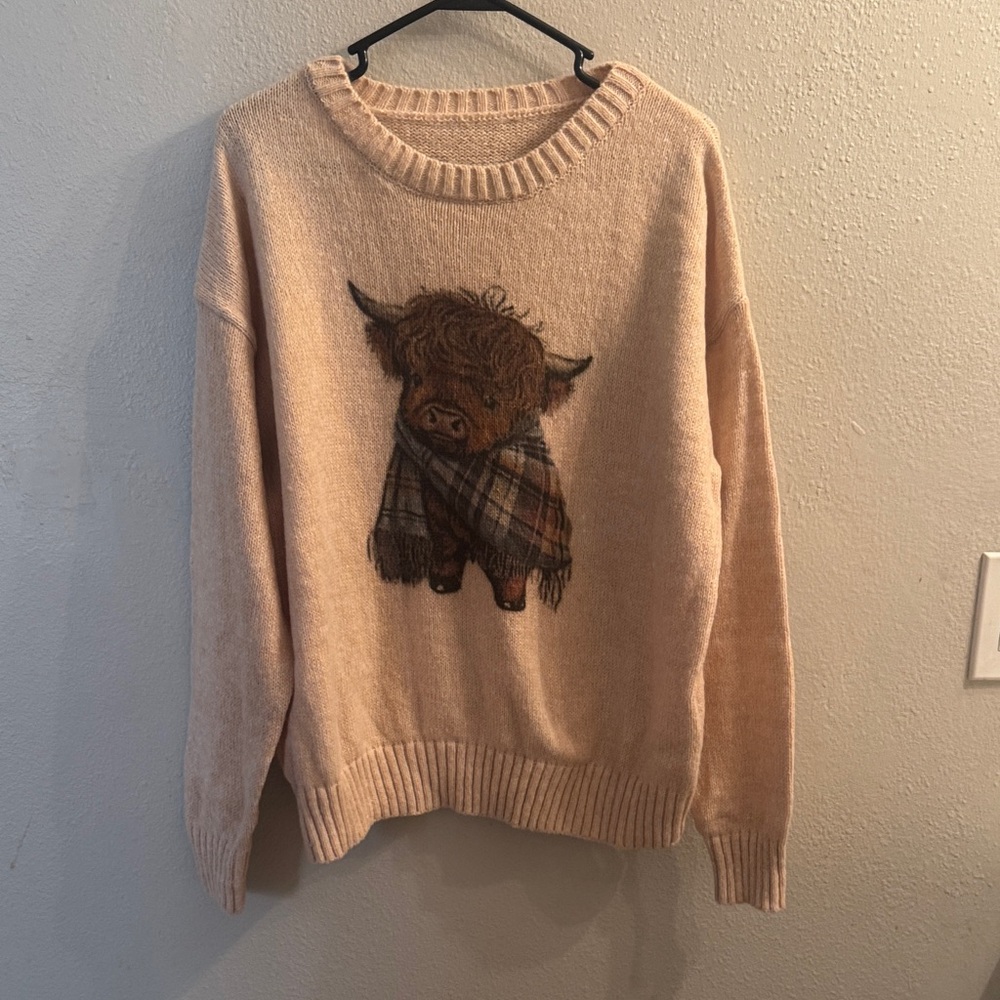Cozy Pink Sweater with Highland Cow Design